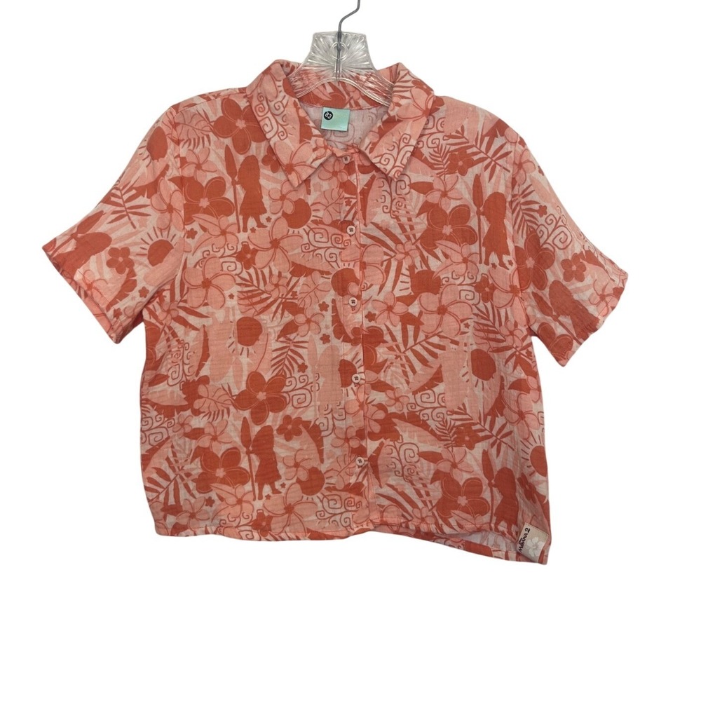 Disney Moana 2 Tropical Print Button Down Shirt Girls XL Orange Short Sleeve